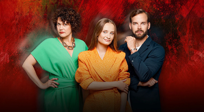 Kaks naist ja üks mees – näitlejameeskond Eesti krimidraamast Kättemaksukontor, punasel taustal.