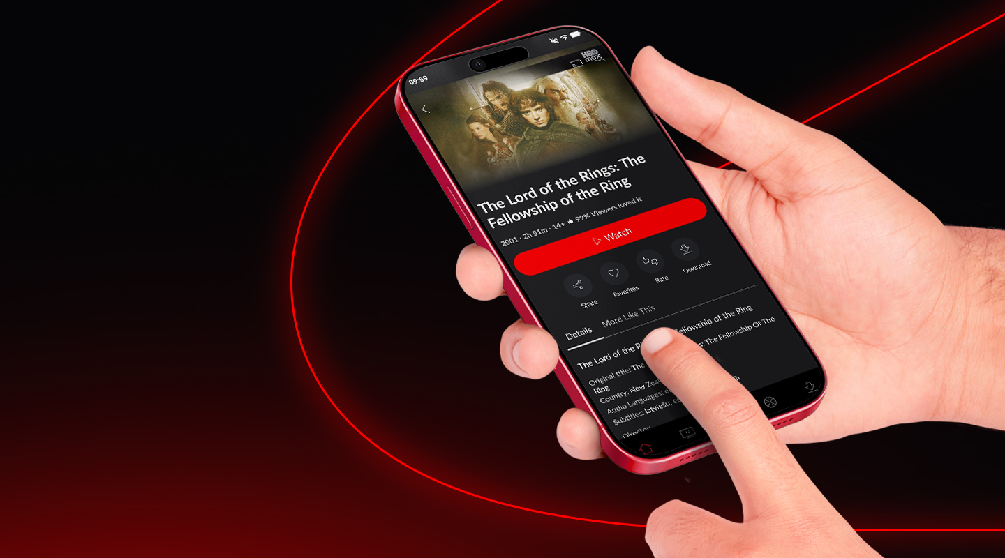 a hand pressing on the lord of the rings movie on a mobile