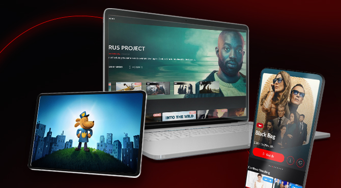 laptop, ipad and phone shown with movies and series