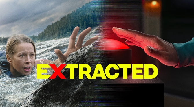 a woman in the water on the left side a man pressing a red button