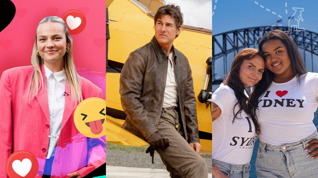 vasakul on naine roosa tausta taga, keskel istub näitleja ja paremal on kaks naist nende taga, taevas