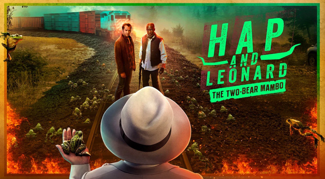 a man with a white hat and frog facing two men behind them a train