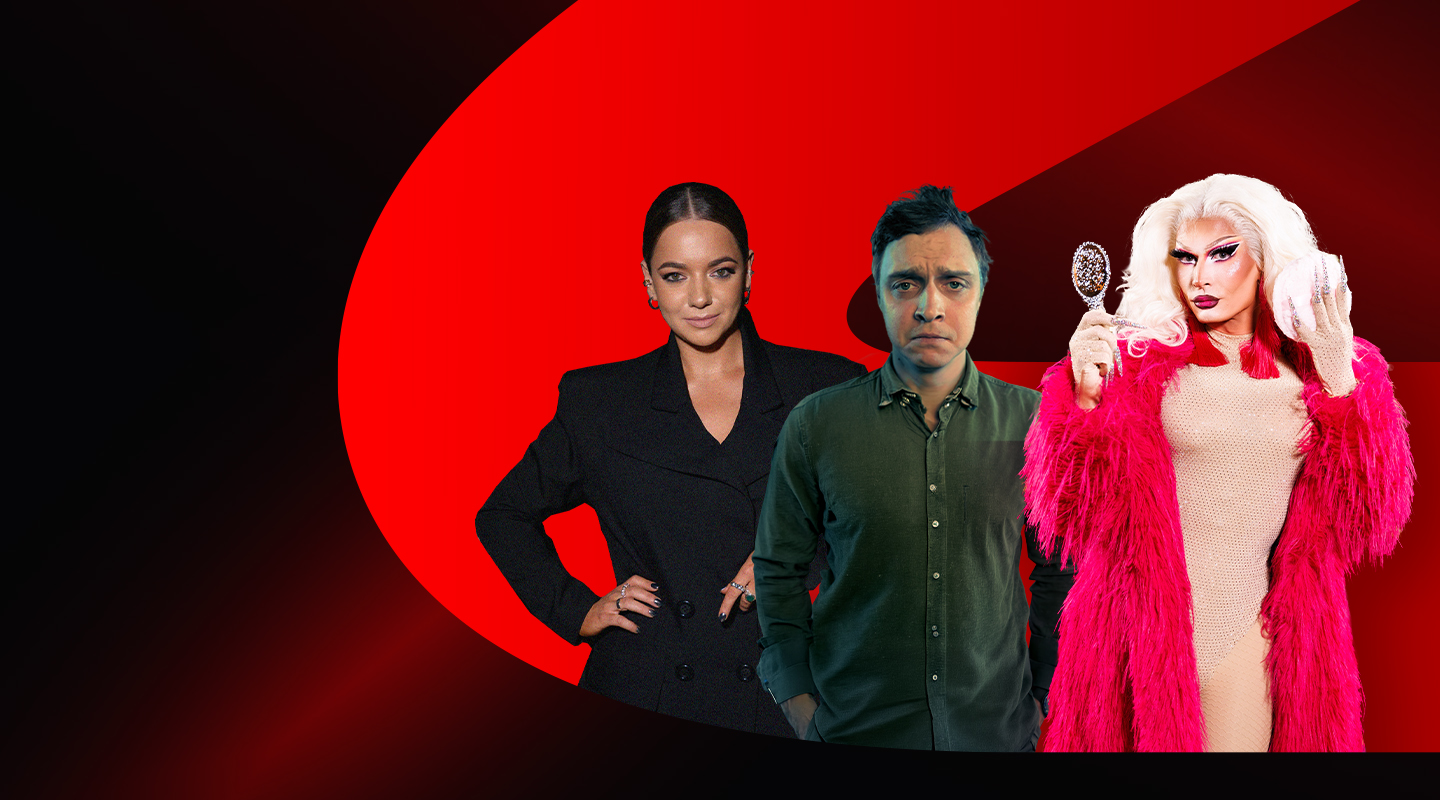 a woman and two men on a red black background